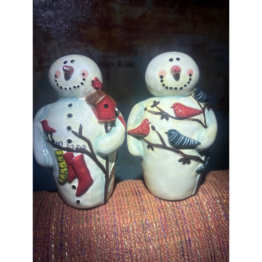 Mary Beth Baxter CIC Ceramic Snowman Salt and Pepper Shakers Winter Birdhouse